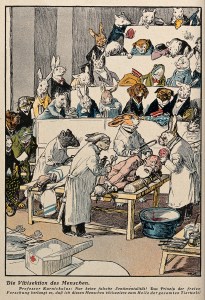 V0047865 Human vivisection Credit: Wellcome Library, London. Wellcome Images images@wellcome.ac.uk http://wellcomeimages.org VIVISECTION Colour lithograph: 
